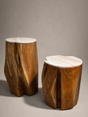 Calacatta Borghini Teak Tree Stump Side Table Set